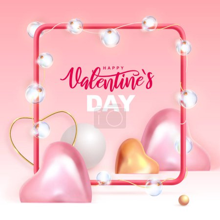 Illustration for Happy Valentines Day poster with 3D pink and gold love hearts. Valentine interior design. Vector illustration - Royalty Free Image