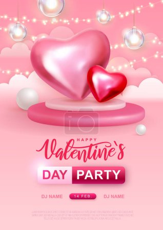 Illustration for Happy Valentines Day party poster with 3D pink love hearts. Vector illustration - Royalty Free Image