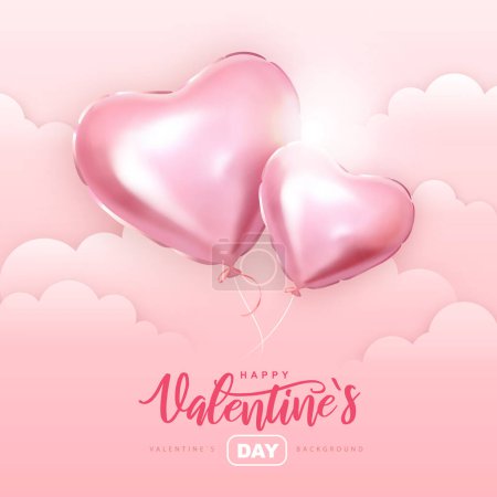 Illustration for Happy Valentines Day  typography poster with pink heart shaped balloons in the romantic sky. Vector illustration - Royalty Free Image