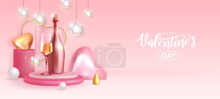 Illustration for Happy Valentines Day poster with 3D love hearts and champagne bottle with glass. Vector illustration - Royalty Free Image