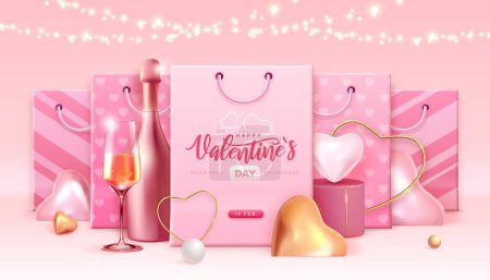 Illustration for Happy Valentines Day typography poster with 3D love hearts and paper bags. Vector illustration - Royalty Free Image