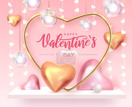 Illustration for Happy Valentines Day poster with 3D pink and gold love hearts. Valentine interior design. Vector illustration - Royalty Free Image