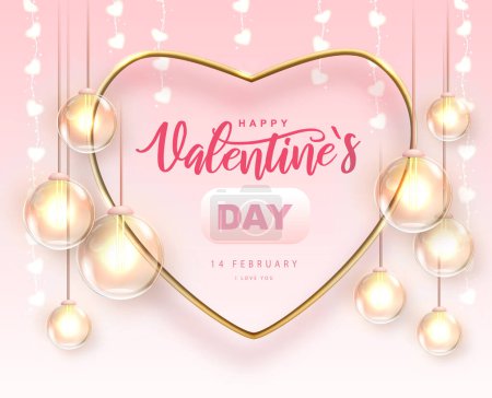 Illustration for Happy Valentines Day poster with 3D gold love heart and electric lamps. Valentine interior design. Vector illustration - Royalty Free Image