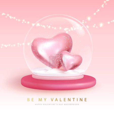 Illustration for Happy Valentines Day typography poster with 3D snow globe and love hearts. Vector illustration - Royalty Free Image