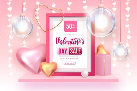 Illustration for Happy Valentines Day big sale poster with 3D pink and gold love hearts. Valentine interior design. Vector illustration - Royalty Free Image