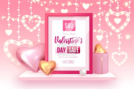 Téléchargez les illustrations : Happy Valentines Day grande affiche de vente avec 3D coeurs d'amour rose et or. Design intérieur Saint Valentin. Illustration vectorielle - en licence libre de droit