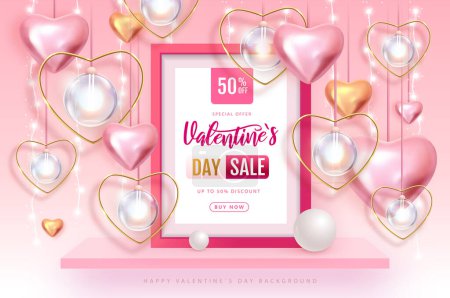 Ilustración de Feliz día de San Valentín cartel de gran venta con corazones de amor en 3D rosa y oro. San Valentín diseño de interiores. Ilustración vectorial - Imagen libre de derechos