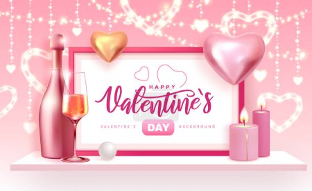 Ilustración de Cartel del Día de San Valentín feliz con corazones de amor en 3D rosa y oro. San Valentín diseño de interiores. Ilustración vectorial - Imagen libre de derechos