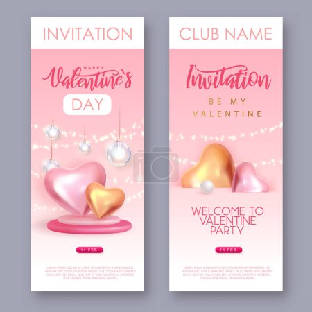 Ilustración de Feliz día de San Valentín invitación con corazones de amor en 3D rosa y oro. Ilustración vectorial - Imagen libre de derechos