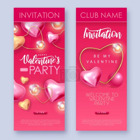 Illustration for Happy Valentines Day invitation with 3D pink and gold love hearts. Vector illustration - Royalty Free Image