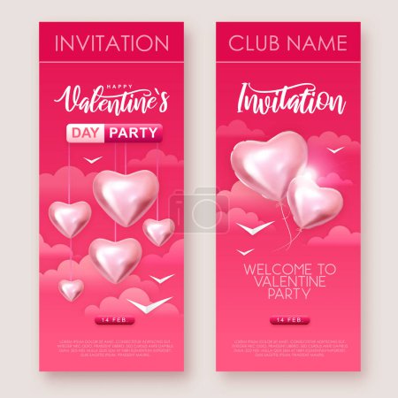 Illustration for Happy Valentines Day invitation with 3D love hearts in the sky. Vector illustration - Royalty Free Image