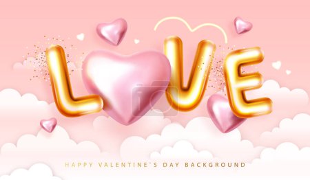 Téléchargez les illustrations : Joyeux poster de la Saint-Valentin avec des lettres 3D et des cœurs d'amour roses dans le ciel. Carte de voeux des fêtes. Illustration vectorielle - en licence libre de droit