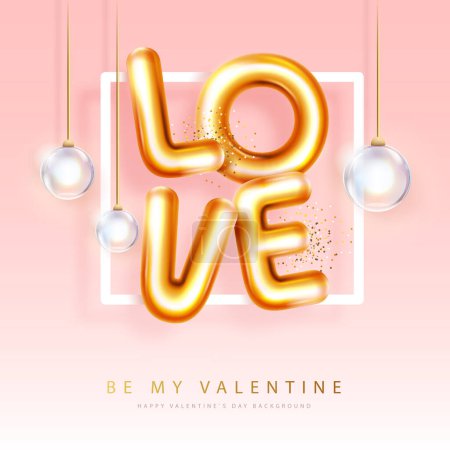 Illustration for Happy Valentines Day poster with 3D chromic gold letters. Holiday greeting card. Vector illustration - Royalty Free Image