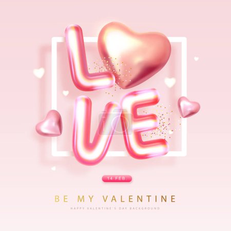 Illustration for Happy Valentines Day poster with 3D chromic letters and pink love hearts. Holiday greeting card. Vector illustration - Royalty Free Image