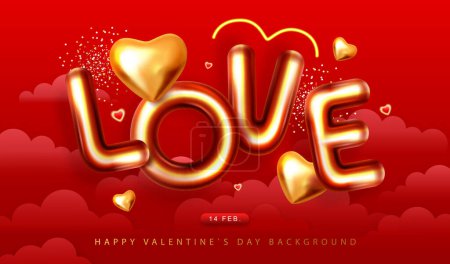 Illustration for Happy Valentines Day poster with 3D letters and gold love hearts in the sky. Holiday greeting card. Vector illustration - Royalty Free Image