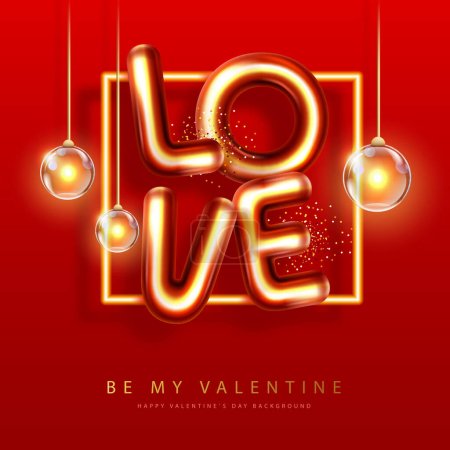 Illustration for Happy Valentines Day poster with 3D chromic letters. Holiday greeting card. Vector illustration - Royalty Free Image