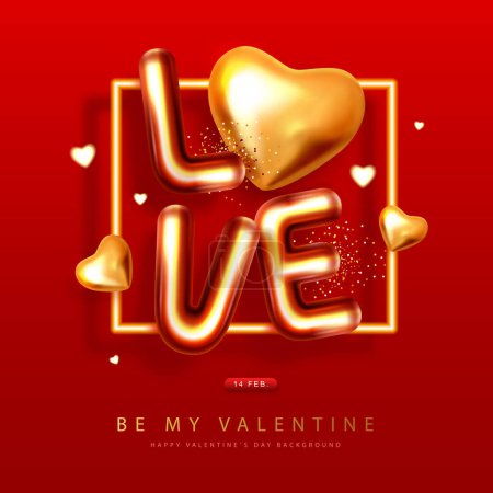 Téléchargez les illustrations : Joyeux poster Saint-Valentin avec des lettres chromiques 3D et des cœurs d'amour en or. Carte de voeux des fêtes. Illustration vectorielle - en licence libre de droit