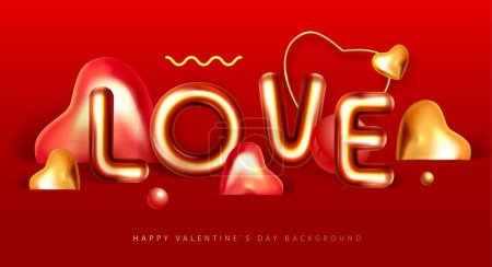 Illustration for Happy Valentines Day poster with 3D chromic letters and gold love hearts. Holiday greeting card. Vector illustration - Royalty Free Image