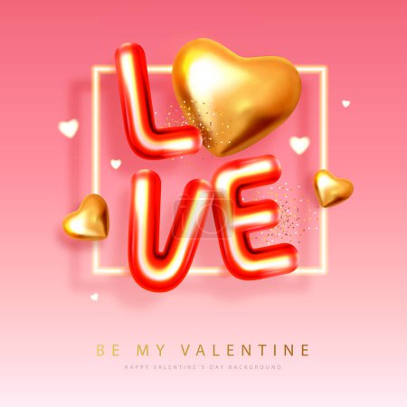 Ilustración de Feliz día de San Valentín cartel con letras cromáticas 3D y corazones de amor de oro. Tarjeta de felicitación de vacaciones. Ilustración vectorial - Imagen libre de derechos