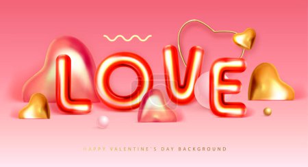 Téléchargez les illustrations : Joyeux poster Saint-Valentin avec des lettres chromiques 3D et des cœurs d'amour en or. Carte de voeux des fêtes. Illustration vectorielle - en licence libre de droit