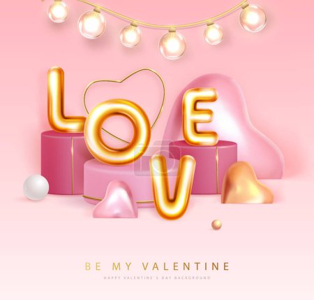Ilustración de Cartel del Día de San Valentín feliz con letras cromáticas 3D y corazones de amor. Tarjeta de felicitación de vacaciones. Ilustración vectorial - Imagen libre de derechos