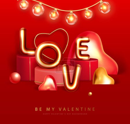 Illustration for Happy Valentines Day poster with 3D chromic letters and love hearts. Holiday greeting card. Vector illustration - Royalty Free Image