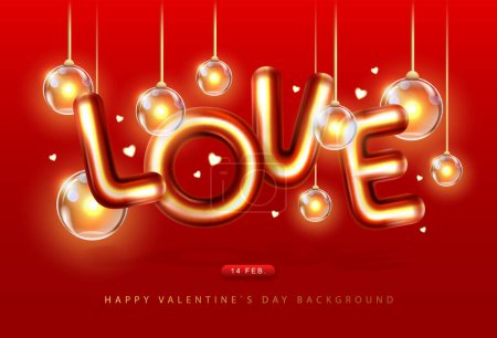 Illustration for Happy Valentines Day poster with 3D chromic letters and electirc lamps. Holiday greeting card. Vector illustration - Royalty Free Image