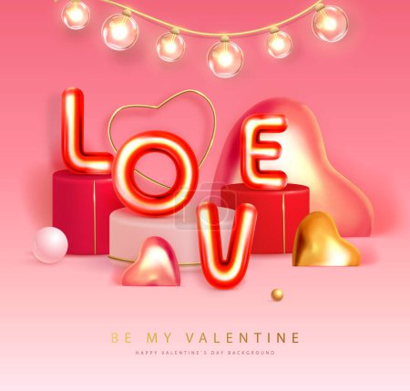 Téléchargez les illustrations : Joyeux poster de la Saint-Valentin avec des lettres chromiques 3D et des cœurs d'amour. Carte de voeux des fêtes. Illustration vectorielle - en licence libre de droit