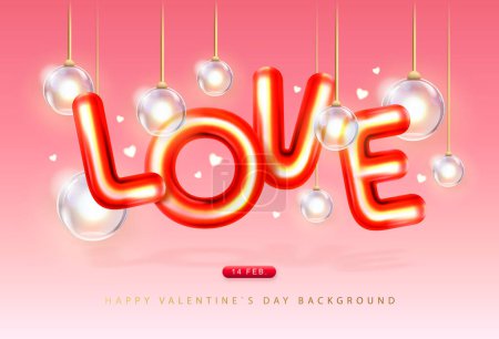 Illustration for Happy Valentines Day poster with 3D chromic letters and electirc lamps. Holiday greeting card. Vector illustration - Royalty Free Image