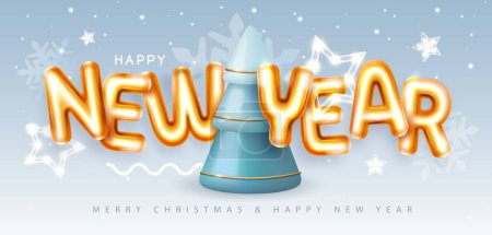 Téléchargez les illustrations : Bonne année affiche avec des lettres chromiques 3D et arbre de Noël. Carte de voeux des fêtes. Illustration vectorielle - en licence libre de droit