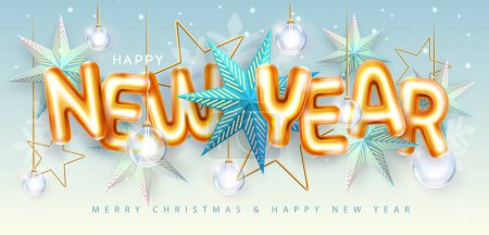 Ilustración de Cartel de Feliz Año Nuevo con letras cromáticas 3D, estrellas de Navidad y lámparas eléctricas. Tarjeta de felicitación de vacaciones. Ilustración vectorial - Imagen libre de derechos