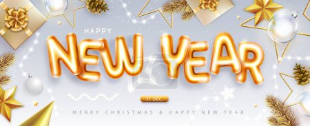 Téléchargez les illustrations : Bonne année affiche vue du dessus avec des lettres chromiques 3D et décoration de Noël. Carte de voeux des fêtes. Illustration vectorielle - en licence libre de droit