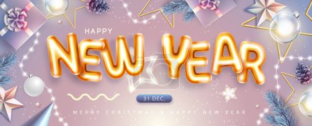 Illustration for Happy New Year top view poster with 3D chromic letters and Christmas decoration. Holiday greeting card. Vector illustration - Royalty Free Image