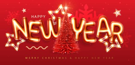 Ilustración de Cartel de Feliz Año Nuevo con letras cromáticas en 3D y árbol de Navidad sobre fondo rojo. Tarjeta de felicitación de vacaciones. Ilustración vectorial - Imagen libre de derechos