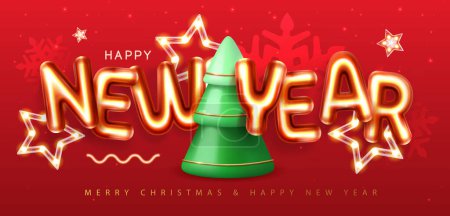 Téléchargez les illustrations : Bonne année affiche avec des lettres chromiques 3D et arbre de Noël sur fond rouge. Carte de voeux des fêtes. Illustration vectorielle - en licence libre de droit