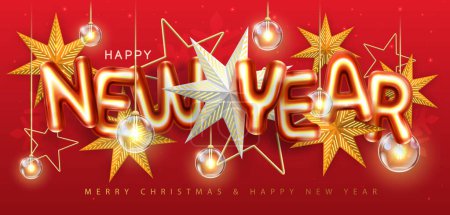 Illustration for Happy New Year poster with 3D chromic letters, Christmas stars and electric lamps. Holiday greeting card. Vector illustration - Royalty Free Image