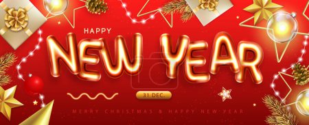 Ilustración de Cartel de vista superior Feliz Año Nuevo con letras cromáticas 3D y decoración navideña. Tarjeta de felicitación de vacaciones. Ilustración vectorial - Imagen libre de derechos