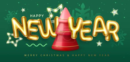 Téléchargez les illustrations : Bonne année affiche avec des lettres chromiques 3D et arbre de Noël sur fond vert. Carte de voeux des fêtes. Illustration vectorielle - en licence libre de droit