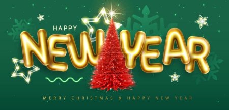 Illustration for Happy New Year poster with 3D chromic letters and Christmas tree on green background. Holiday greeting card. Vector illustration - Royalty Free Image