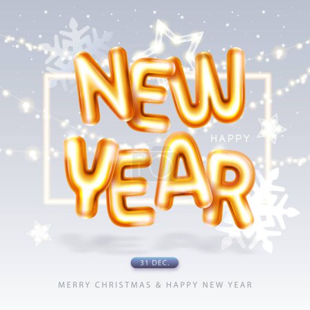 Ilustración de Cartel de Feliz Año Nuevo con letras cromáticas en 3D, copos de nieve y estrellas. Tarjeta de felicitación de vacaciones. Ilustración vectorial - Imagen libre de derechos