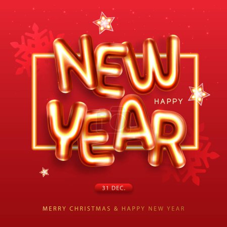 Illustration for Happy New Year poster with 3D chromic letters, snowflakes and stars. Holiday greeting card. Vector illustration - Royalty Free Image