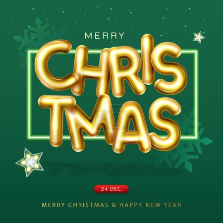 Illustration for Merry Christmas holiday poster with 3D chromic letters, snowflakes and stars. Holiday greeting card. Vector illustration - Royalty Free Image