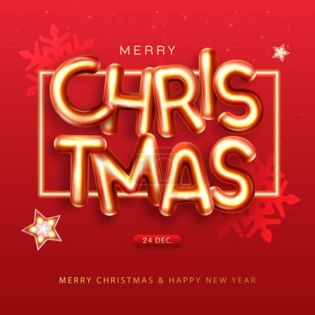 Téléchargez les illustrations : Joyeux Noël affiche de vacances avec des lettres chromiques 3D, flocons de neige et étoiles. Carte de voeux des fêtes. Illustration vectorielle - en licence libre de droit
