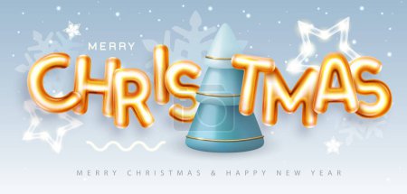 Ilustración de Feliz cartel navideño con letras cromáticas en 3D y árbol de Navidad. Tarjeta de felicitación de vacaciones. Ilustración vectorial - Imagen libre de derechos