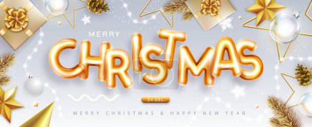 Téléchargez les illustrations : Joyeux poster de Noël avec lettres chromiques 3D et décoration de Noël. Carte de voeux des fêtes. Illustration vectorielle - en licence libre de droit