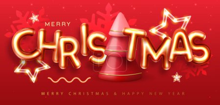 Téléchargez les illustrations : Joyeux Noël affiche de vacances avec des lettres chromiques 3D et arbre de Noël. Carte de voeux des fêtes. Illustration vectorielle - en licence libre de droit