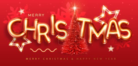 Ilustración de Feliz cartel navideño con letras cromáticas en 3D y árbol de Navidad. Tarjeta de felicitación de vacaciones. Ilustración vectorial - Imagen libre de derechos