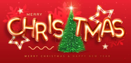 Illustration for Merry Christmas holiday poster with 3D chromic letters and Christmas tree. Holiday greeting card. Vector illustration - Royalty Free Image