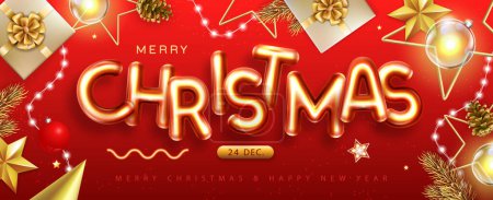 Illustration for Merry Christmas top view poster with 3D chromic letters and Christmas decoration. Holiday greeting card. Vector illustration - Royalty Free Image