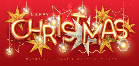 Ilustración de Feliz Navidad cartel de vacaciones con letras cromáticas 3D, estrellas de Navidad y lámparas eléctricas. Tarjeta de felicitación de vacaciones. Ilustración vectorial - Imagen libre de derechos